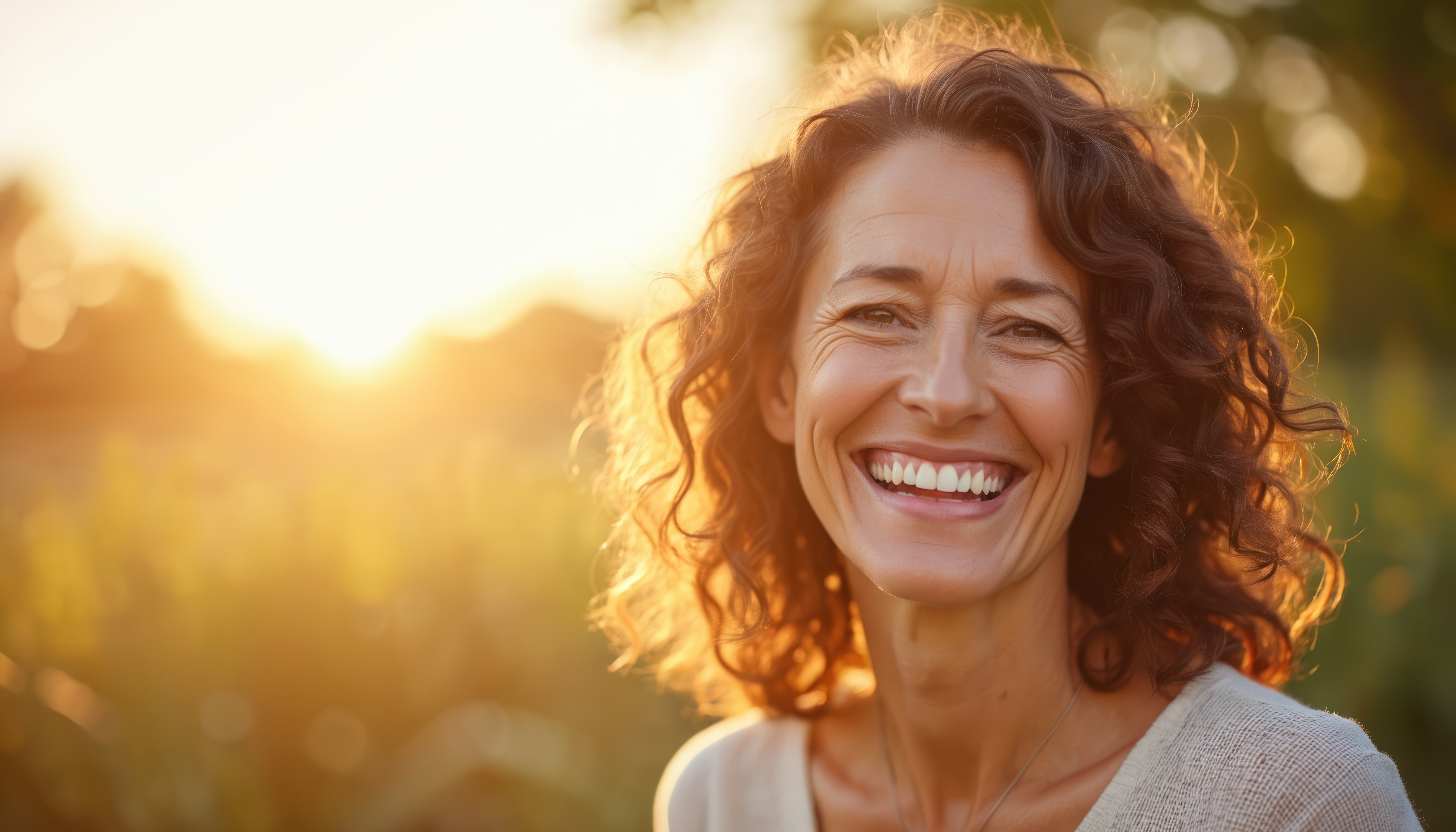 Woman smiling in golden sunlight, representing wellness and personal growth